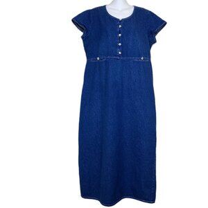 David Wayne Denim Chambray Maxi Dress Shell Buttons Pockets Vintage 90s